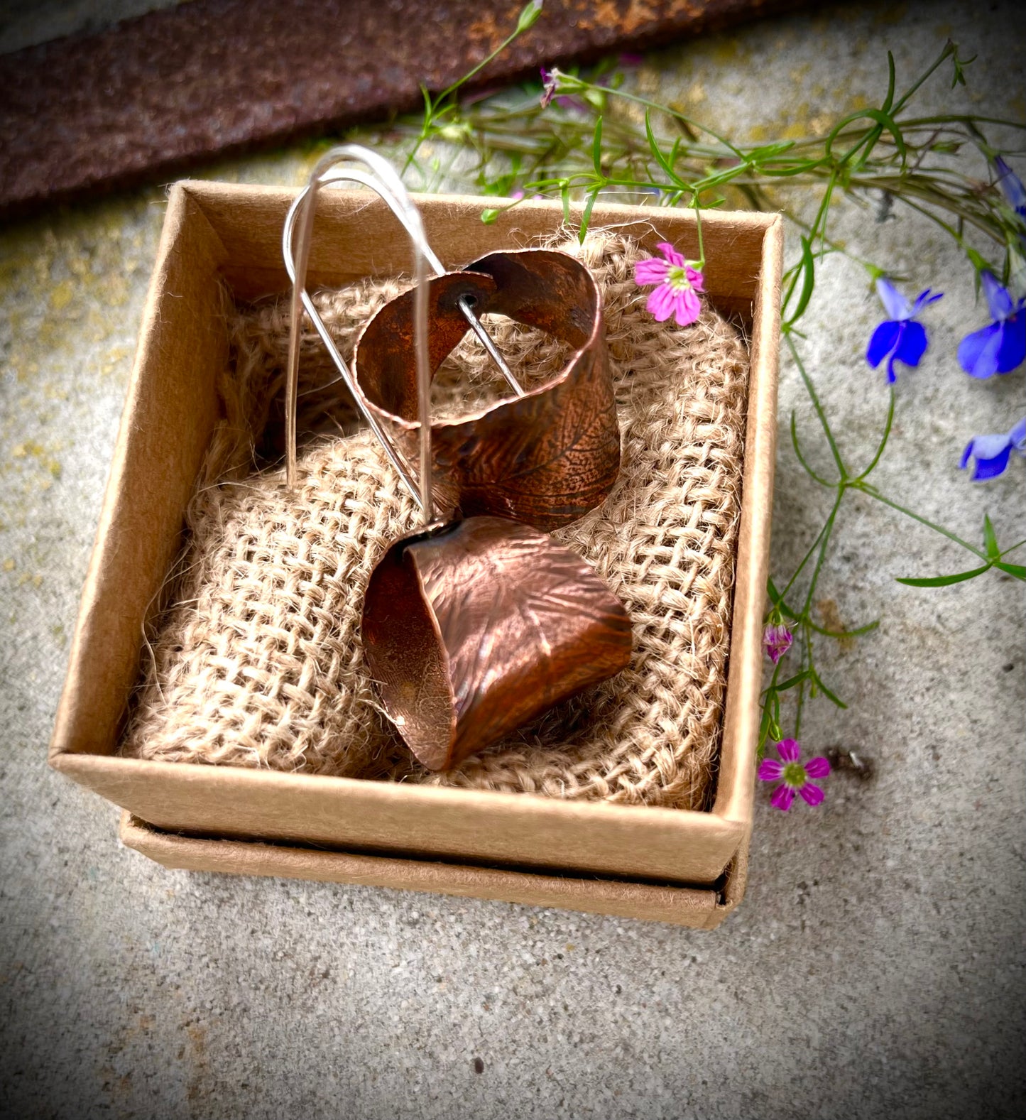 Copper curled leaf earrings.