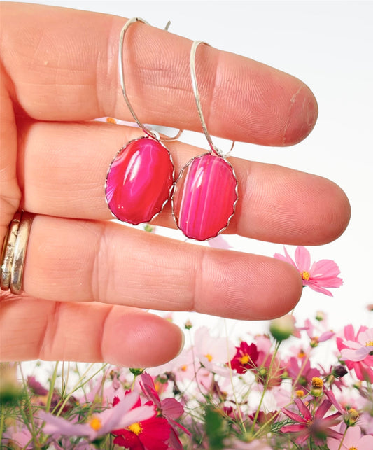 Pink banded Agate gemstone, hoop earrings