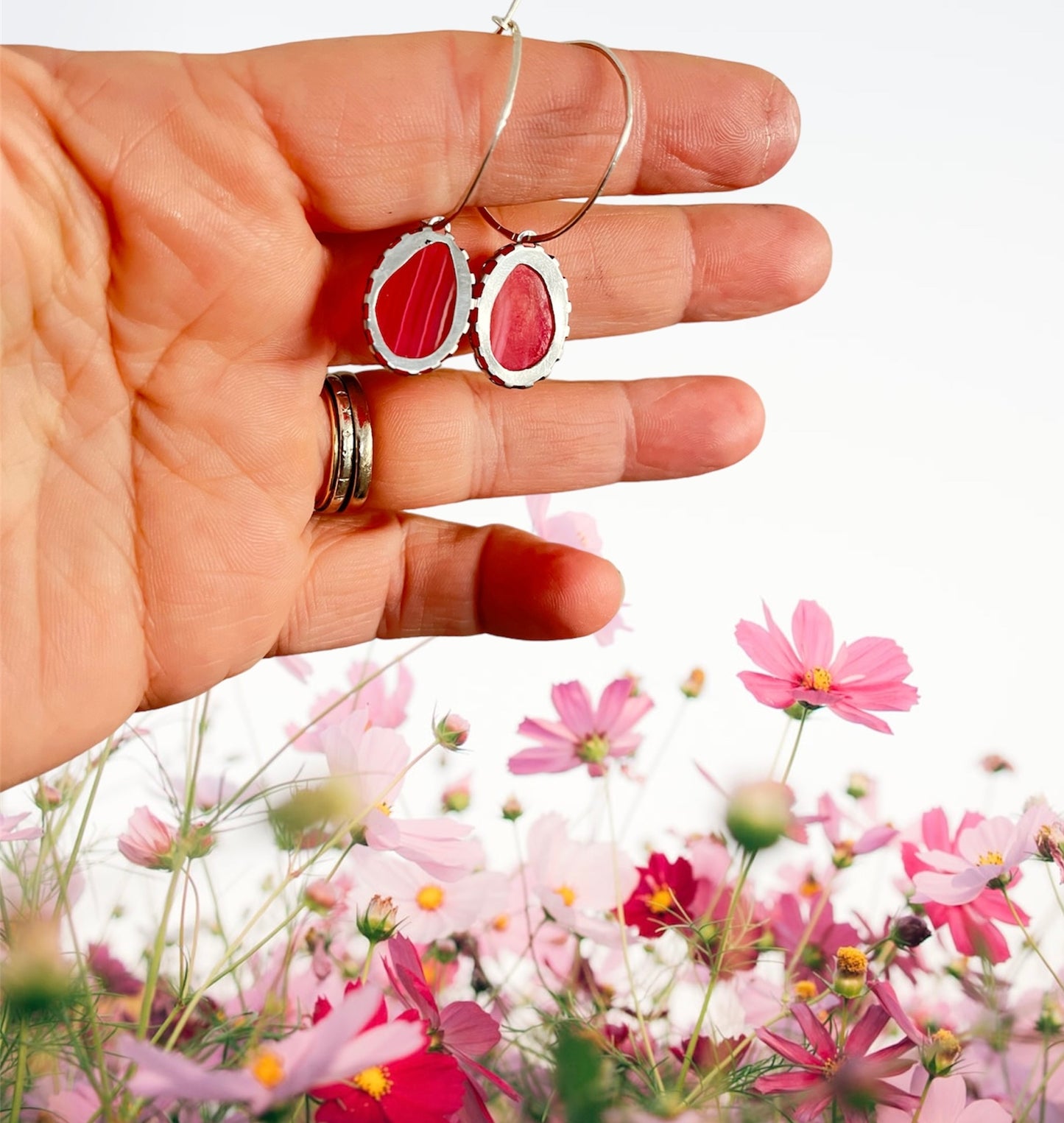 Pink banded Agate gemstone, hoop earrings